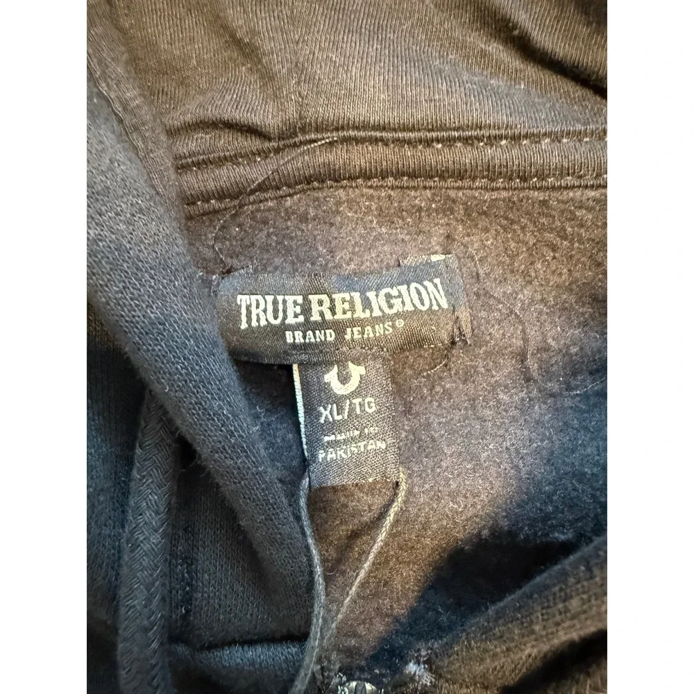 True Religion Mens College HS Zip Hoodie Jet Black Distressed Logo 700926 XL
